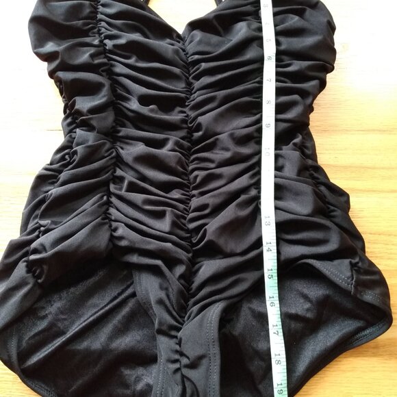 Vintage YSL Swimsuit Sz 14 Yves Saint Laurent Black Ruched 1 Piece Bathing Suit - Picture 12 of 16